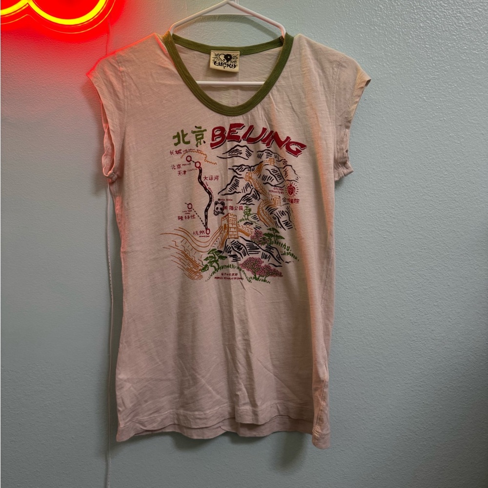 Lucky Brand Olive Trim Graphic Ringer Tee